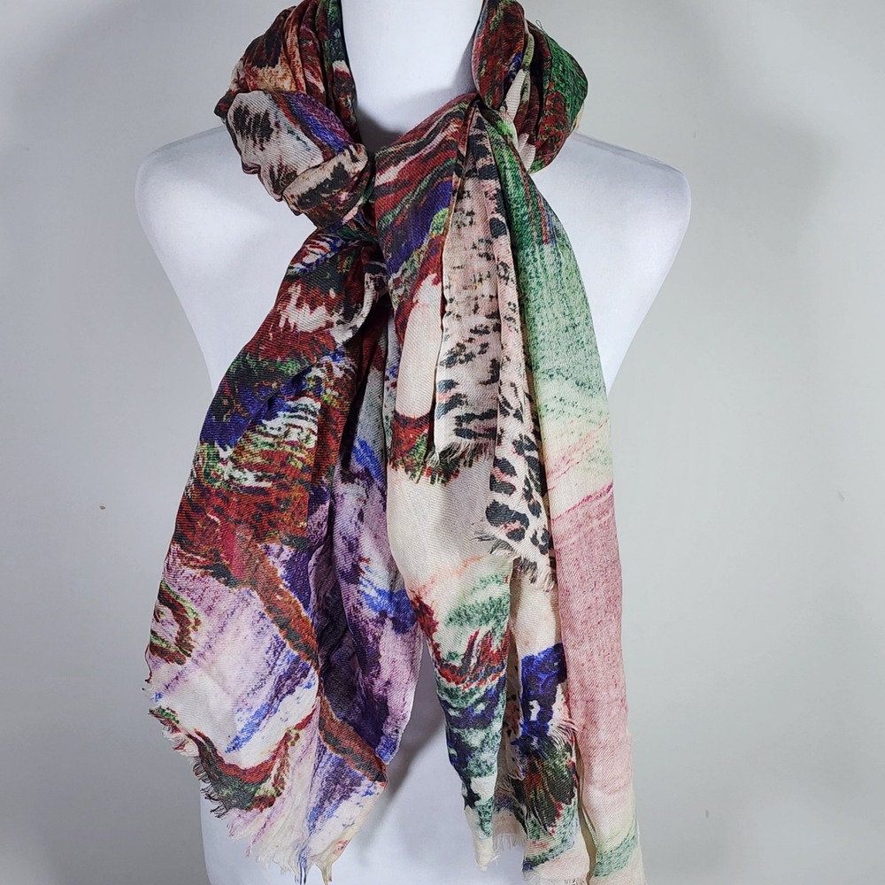 Aphorism Wool Silk Blend Scarf Multicolor Abstract Landscape Fringe Wrap Earthy
